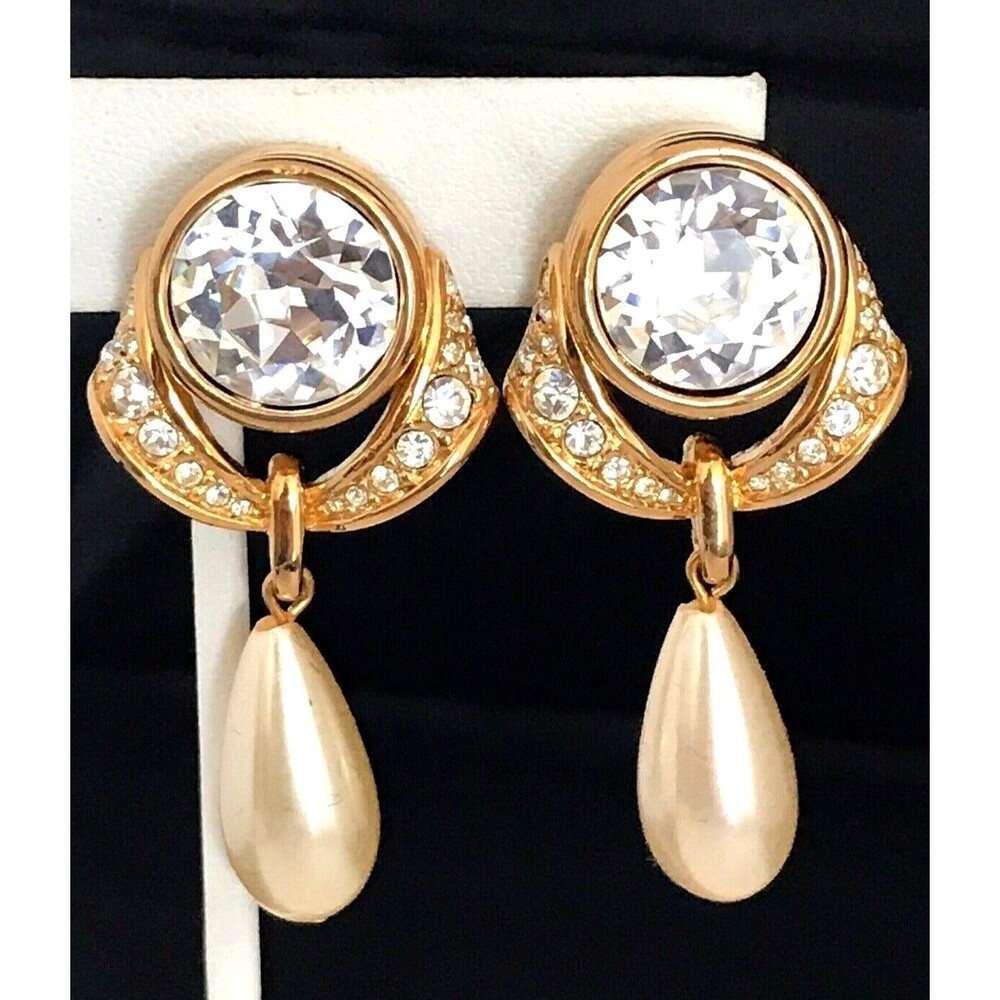 Vintage 1980s Swarovski Crystal Earrings & Faux Pearl Gold Tone Clip On NOS - 5G